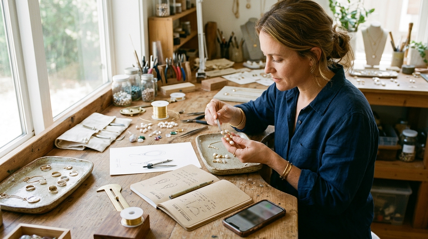 Atelier desk with earrings, brand notebook, and phone